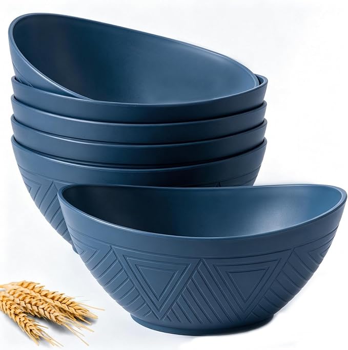 Wheat Straw Bowl Set of 6-60 OZ Large Salad Bowls,Microwave and Dishwasher Safe Bowl Set, Alternative for Plastic Bowls for Serving Soup,Popcorn Bowl for Kitchen - Blue