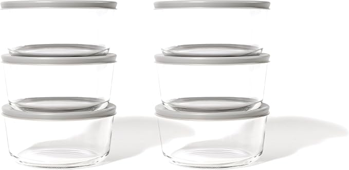 12-Piece Glass Food Storage Containers Set (6 Containers + 6 BPA-Free Lids) | 2-Cup, Leakproof | Microwave, Freezer, Oven & Dishwasher Safe | Ideal for Meal Prep & Pantry Organization, Grey
