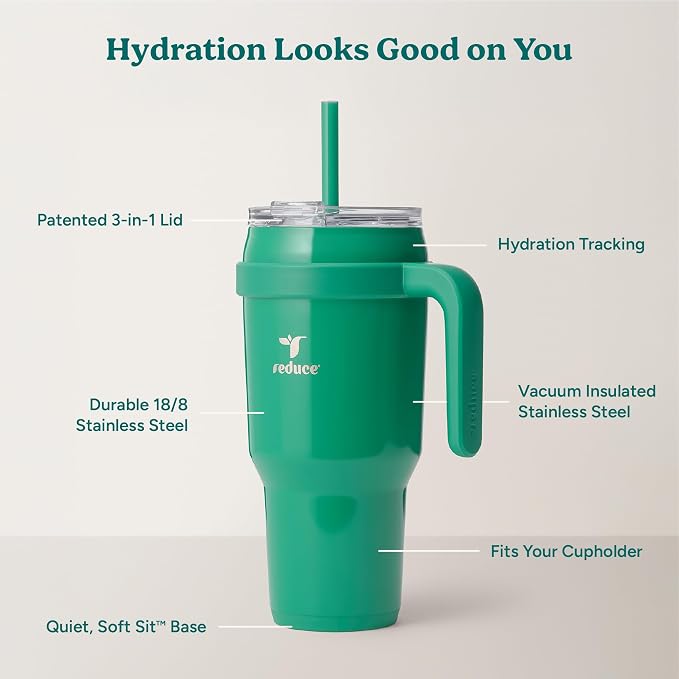 REDUCE 40 oz Stainless Steel Tumbler with Handle - Dual-Wall Vacuum Insulated Travel Mug, Sweat-Proof Lid & Reusable Straw - Keeps Drinks Cold for 24 Hrs, Fits Cupholders, Dishwasher Safe - Palm Leaf