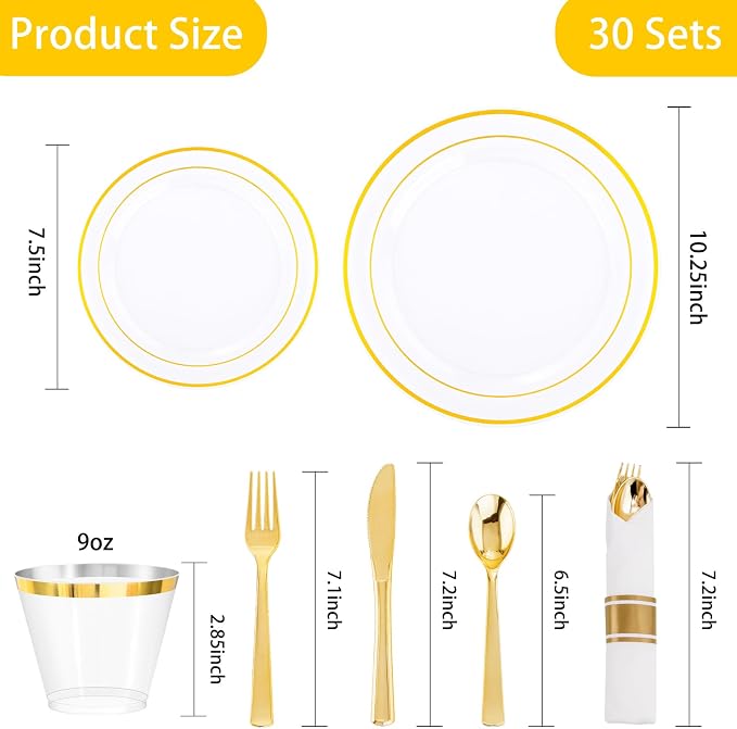 DaYammi 210PCS Clear Gold Plastic Dinnerware Set for 30 Guests, Fancy Disposable Plates for Party, Include: 30 Dinner Plates, 30 Dessert Plates, 30 Pre Rolled Napkins with Gold Silverware, 30 Cups