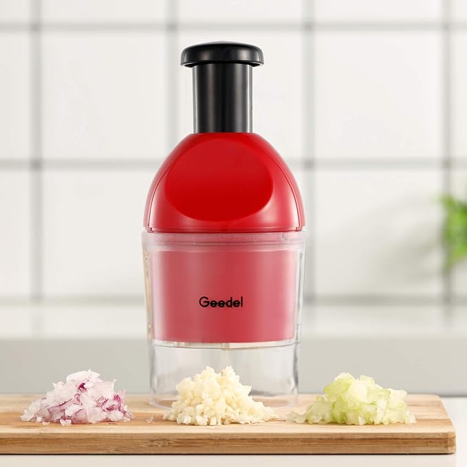 Geedel Food Chopper, Easy to Clean Manual Hand Vegetable Chopper, Dishwasher Safe Slap Onion Cutter for Veggies Onions Garlic Nuts Salads Red | Hand Chopper for Veggie Onions Garlic Nuts Salads, Fast & Even Chopping, Sharp Stainless Steel Blade, Dishwa...