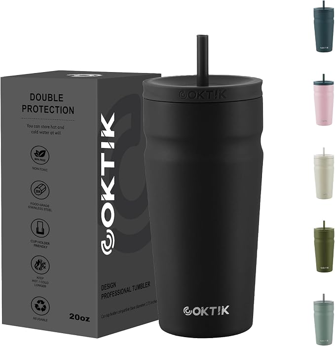 COKTIK 20oz Insulated Tumbler with Lid and Straw Iced Coffee Cup Reusable Stainless Steel Travel Mug Water Bottle Cupholder Friendly for Women Men Her Him (Black)