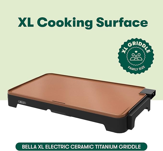 bella XL 12"x22" Electric Ceramic Titanium Griddle, Copper/Black