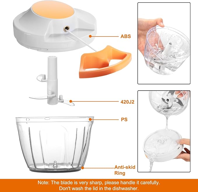 Manual Food Processor Vegetable Chopper, Portable Hand Pull String Garlic Mincer Onion Cutter for Veggies, Ginger, Fruits, Nuts, Herbs, etc., 650ml