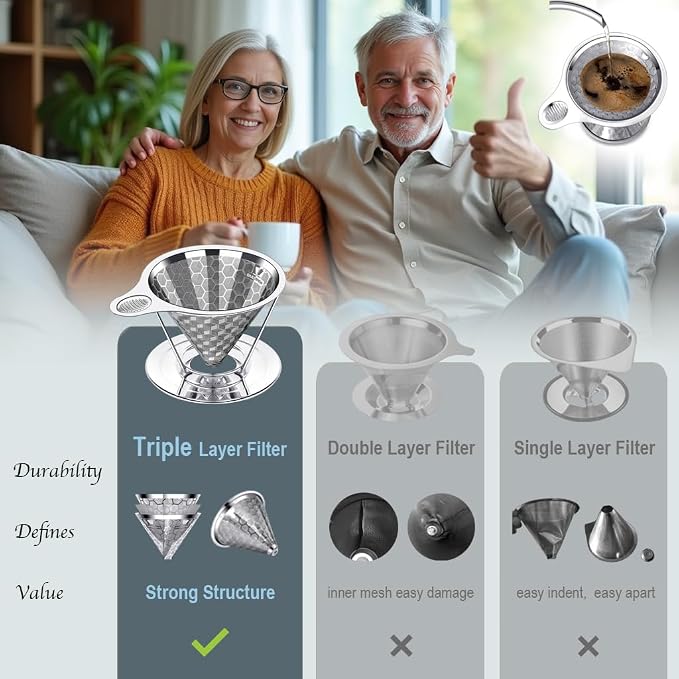 Pour over Coffee Dripper, Triple Layer Stainless Steel Cone Coffee Filter, 4 Cup Non-Electric Manual Portable Drip Coffee Maker, Metal Cone Cafe Coffee Dripper