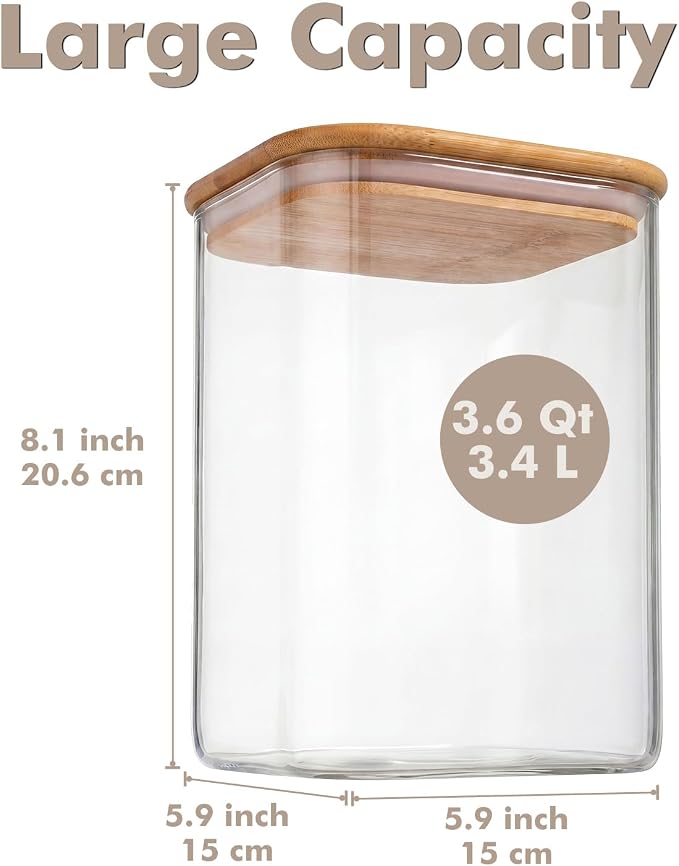 3.4Qt Large Glass Flour Cereal Storage Container with Bamboo Lid | Wide Mouth Design, With Measuring Cup, Minimalist Kitchen Organizer,Scandinavian Style Storage,Nordic Style Storage