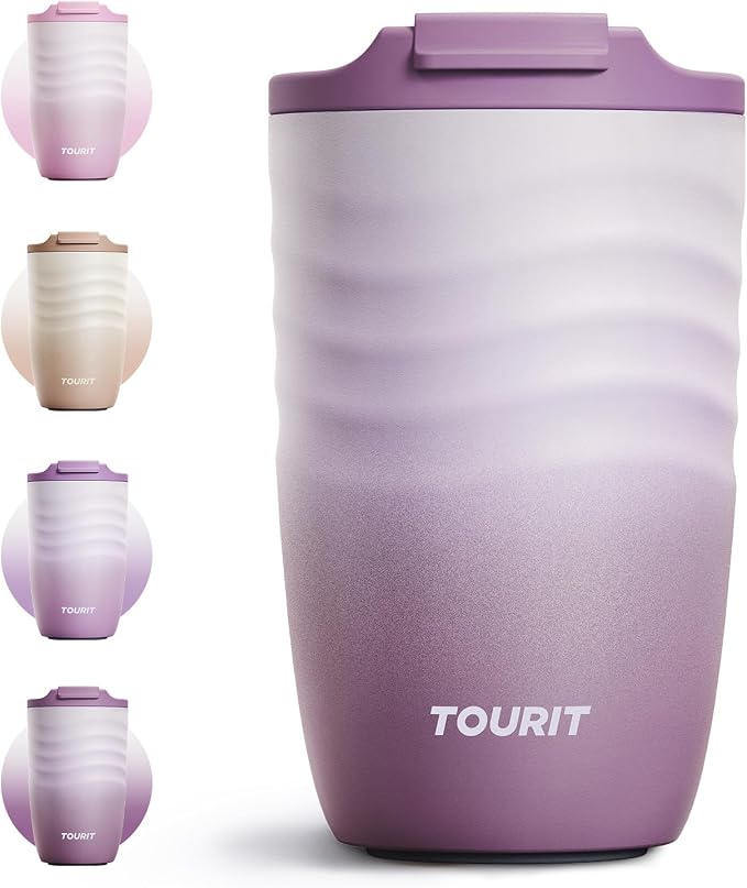 TOURIT 12 oz Travel Coffee Mug, Vacuum Insulated Stainless Steel Tumbler with Ripple-Wave Anti-Slip Grip, Built-in Silicone Bottom for Quiet & Stable, Leak-Proof Lid, Fits Car Cup Holder, Mist Purple