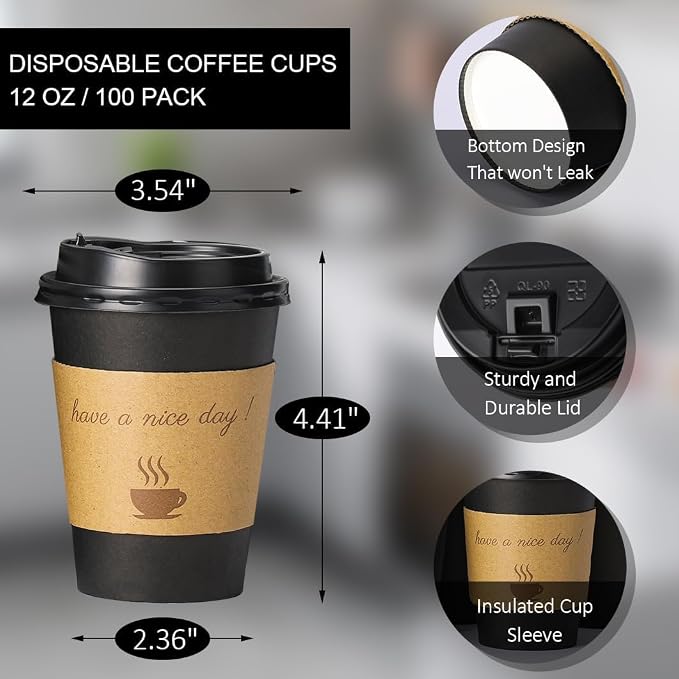BYSNOW 500 pack 12 oz Bulk Disposable Coffee Cups with Lids Hot Paper Cups | To Go Insulated Coffee Cups for Home, Office, Cafes and Party (Black 12oz)