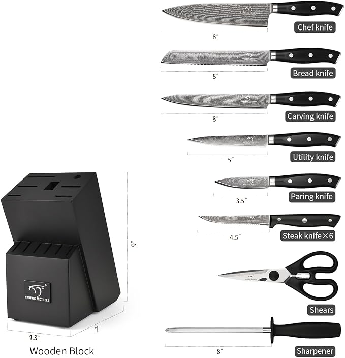 NANFANG BROTHERS Damascus Kitchen Knife Set 14 Pieces with Shears & Sharpener - VG10 Damascus Steel, ABS Ergonomic Handle, Wooden Block Storage Black
