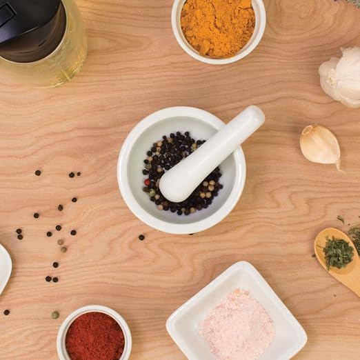 HIC Kitchen HIC Mortar and Pestle Spice Herb Grinder Pill Crusher, Fine-Quality Porcelain, 3.5-Inch, White (Pack of 4)