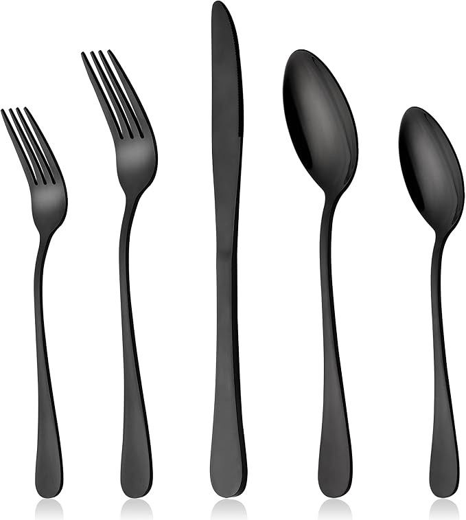 LIANYU Black Silverware Set for 2, 10-Piece Stainless Steel Cutlery Set | Includes Knives, Spoons and Forks, Mirror Polished Dining Flatware Tableware, Dishwasher Safe