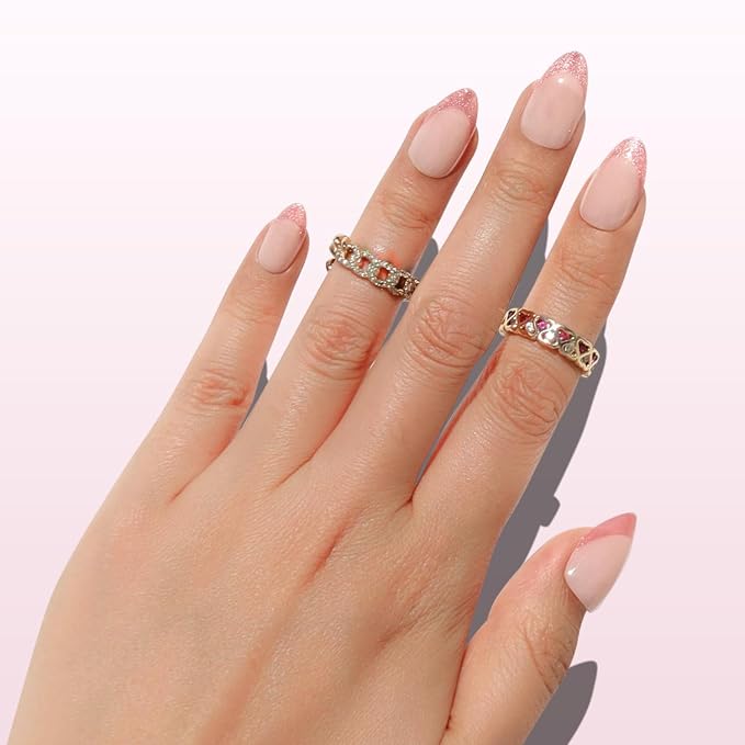 Nail Reformation Press On Nails, Lip Balm | Sheer Nude Short Almond 32 Pcs | 16 Sizes Fake Nails with Iridescent Pink Shimmer French Tip, Glossy Reusable Stick On Nails Kit, Manicure Gifts for Women