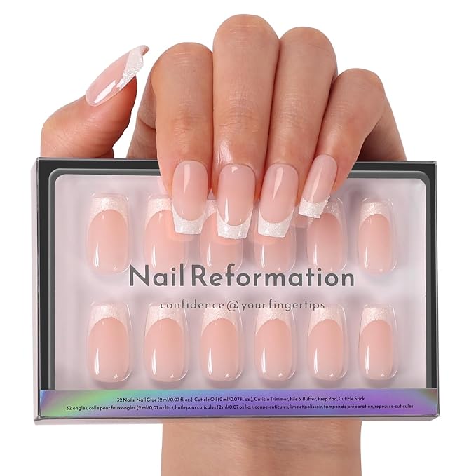 Nail Reformation Press On Nails, High Society Pink Short Coffin Fake Nails | Shimmer White French Tip, Glossy Reusable Stick On Nails Kit - 32 Pcs in 16 Sizes with Glue, Manicure Gifts for Women