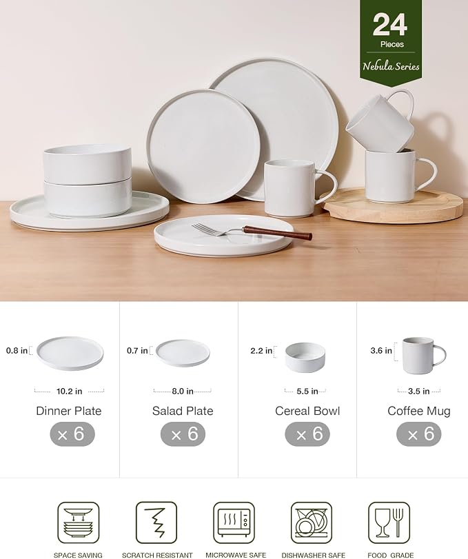 Famiware Nebula 24-Piece Stoneware Dinnerware Set with Mugs, White | Plates and Bowls, Service for 6 - Chip & Scratch Resistant, Microwave & Dishwasher Safe, Essential for Daily Use