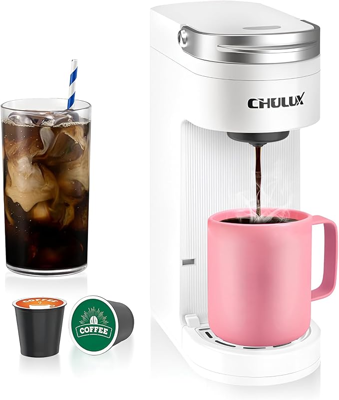 CHULUX Slim Single Serve Coffee Maker for K Pod, Brew Up to 12oz Cup, White | Fast-Heating Boiler Tech, 4-Hole Needle for Richer Flavor, Adjustable Drip Tray for 7.3" Travel Mug, Portable Compact Design