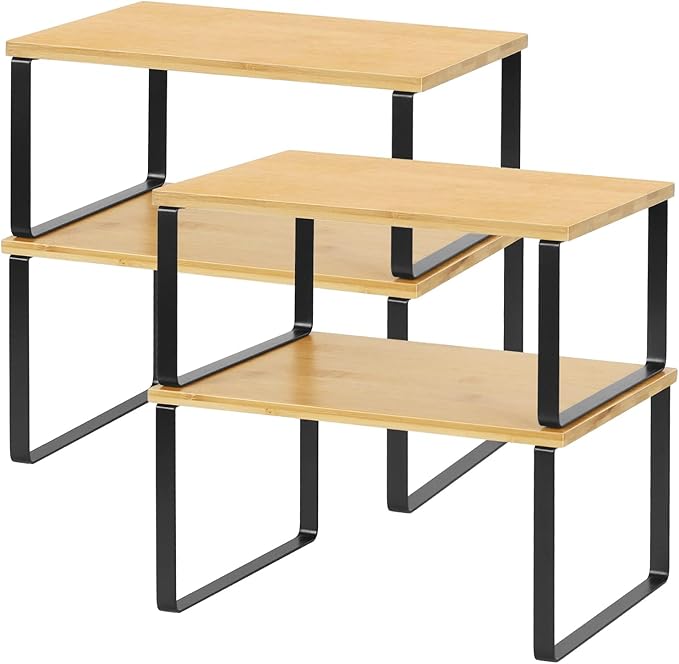 NEX Bamboo Cabinet Organizer Shelf, Kitchen Counter Shelves Set of 4 | Stackable & Expandable Spice Rack, Space-Saving Pantry Organizers Bathroom Countertop Storage, Natural and Black