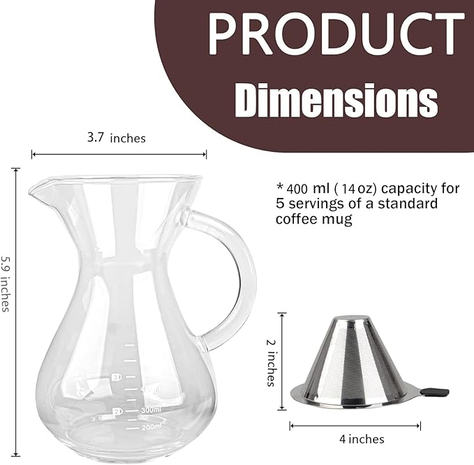 T-mark Double layer reusable stainless steel filter 400ml/14oz | BPA-Free Glass Coffee Carafe, Glass Coffee Maker, Coffee Dripper Brewer