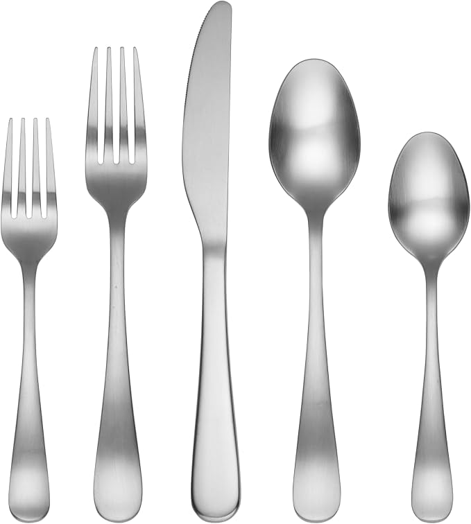Cambridge Rhiannon Satin 45-Piece 18/0 Silverware Set for 8, Flatware | silver, dishwasher safe | includes knives, forks, and spoons | heavy duty, cutlery set for kitchen and dining, utensil set