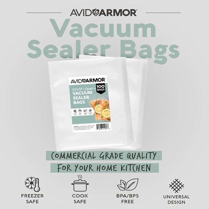 Avid Armor Food Vacuum Sealer Bags – 100-Pack, 10x13” Quart + Freezer Bags | Clear Food Storage Bags with Deep Embossed Airtight Suction – Heat Resistant, Non-BPA Meal Prep Bags with Easy Tear Notch