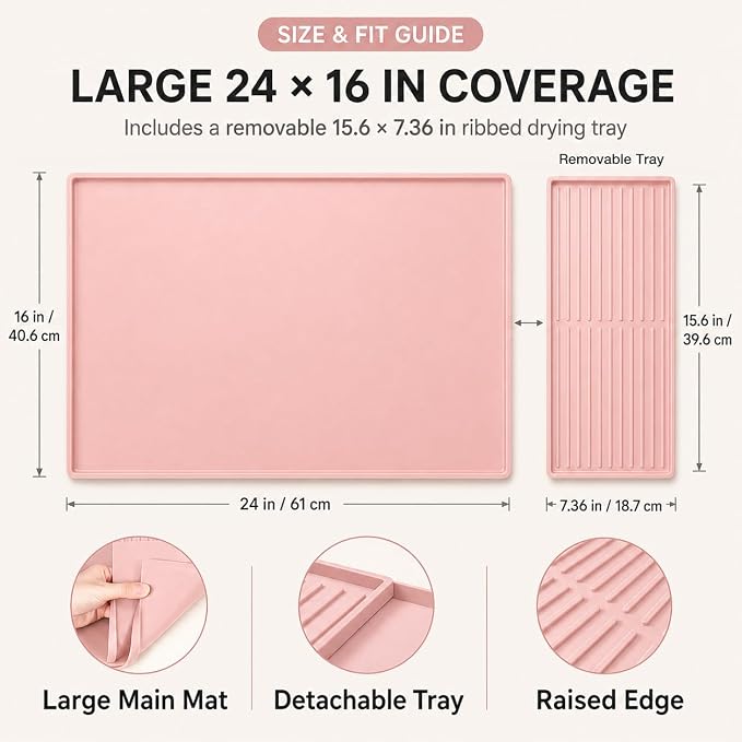 Silicone Coffee Mat 24 x 16 in with Tray, Soft Light Pink | Coffee bar mat for countertop use, coffee station mat or coffee machine mat with removable tray and 0.47 in raised rim.