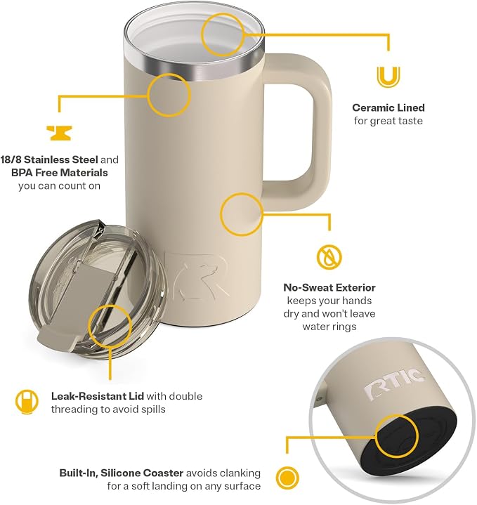 RTIC 16oz Road Trip Travel Mug with Lid and Handle, Ceramic Lined, Beach | Stainless Steel Metal, Insulated Travel Cup for Hot and Cold Drinks, Coffee, Car, Camping and Travel