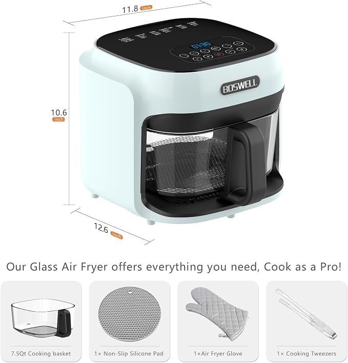 BOSWELL 7.5 QT Large Glass Air Fryer, 6-1 Preset Cook Modes | Transparent Fry Bowl, Green, Circulating Heating & Temperature Control, Steak, Fries, Bake,Chicken, Dishwasher Safe