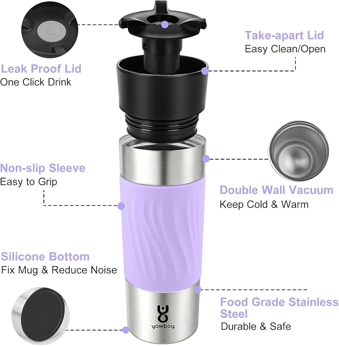 Travel Coffee Mug with 360°Lid, Travel Coffee Tumbler 16 oz Leak Proof, Stainless Steel Insulated Travel Mugs for Hot and Cold Spill Proof Leak Proof(Light Purple)