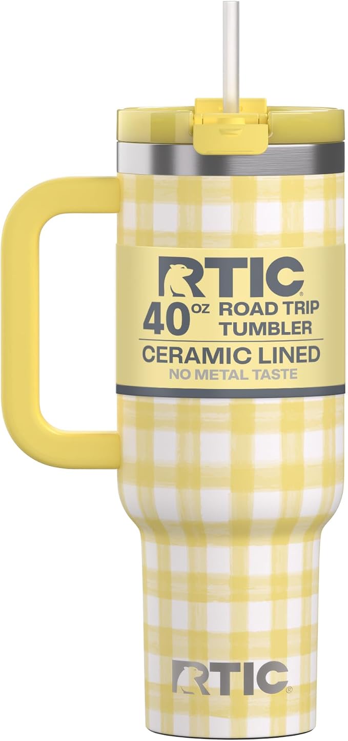 RTIC 40 oz Road Trip Tumbler Double-Walled Cermaic Lined Insulated Stainless Steel Portable Travel Coffee Mug Cup with Lid, Handle and Straw, Sunlight Gingham