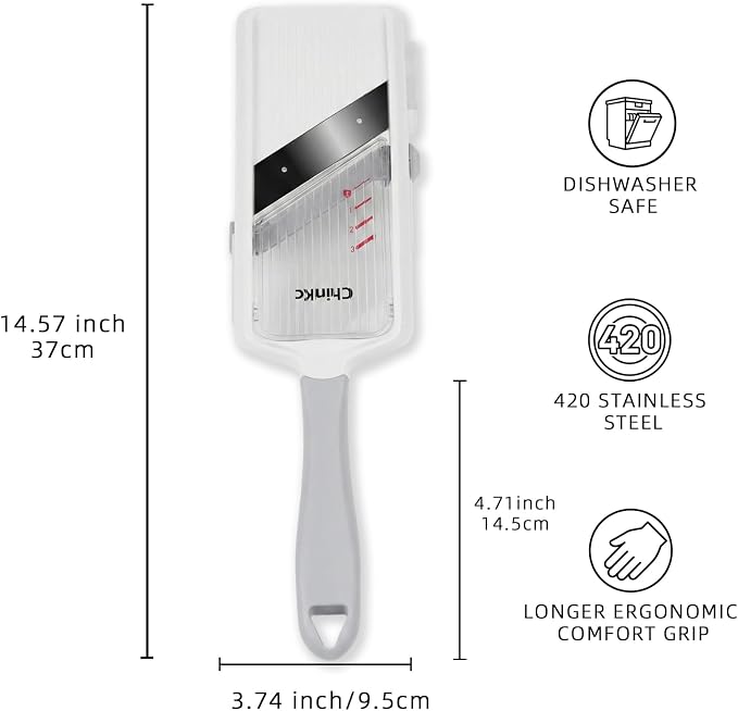Upgrade Handheld Mandoline Slicer for Kitchen - Adjustable 3-Thickness, Longer Comfort Ergonomic Grip, Bigger Safety Handle, Easy to Clean, Ideal for Speedy Slicing of Vegetables and Fruits