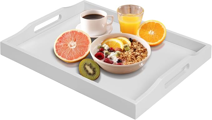 RRX Bamboo Food Serving Tray with Handles,Breakfast Bed Tray (White) | Wood Tray for Tea, Snack, Dinner, Home Decorative Storage Food, Platter, Ottoman for Kitchen Counter, Bathroom, Restaurant
