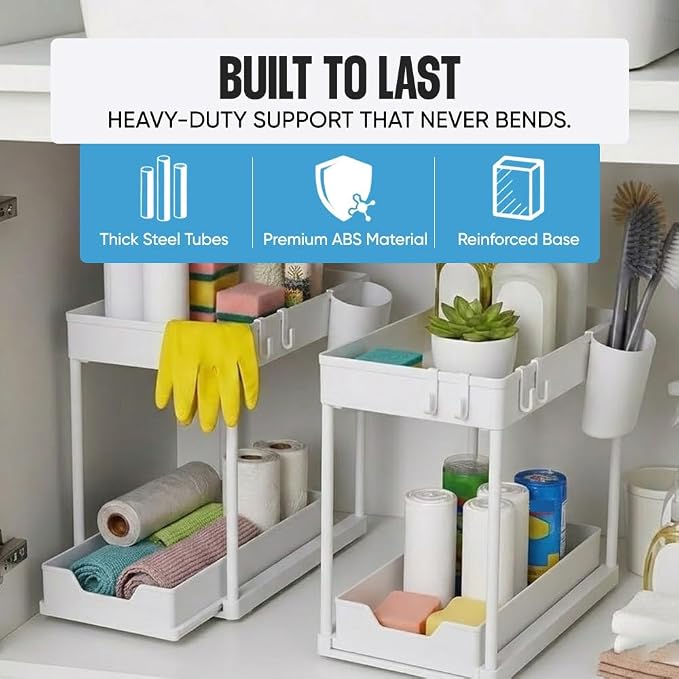 Undersink Organizer, 2-Tier Under Sink Storage Rack with Sliding Drawers for Kitchen Bathroom Cabinets, Pull Out Organizer for Pantry, Laundry Room & Closet Organization - 2 Pack, White