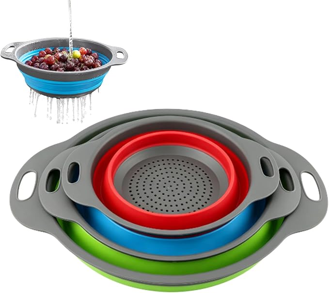 Collapsible Colander Set, 3 Pack Silicone Kitchen Strainer Set, Space Saving Design, Small Round Colander Baskets for Draining Pasta, Vegetable and fruit, (3Qt+4Qt+5Qt)