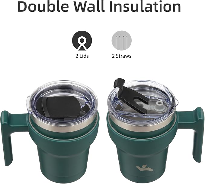 Konokyo 10 oz Tumbler with Handle and Straw, Insulated Travel Mug | Army Green; BPA-free, leak-proof tumbler with 2 lids, 2 straws, cup holder fit for coffee, office, travel & daily use