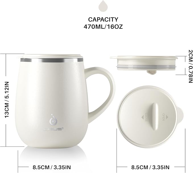 Ideus 16 oz Insulated Coffee Mug with Handle and Lid, Double Wall Stainless Steel Vacuum Thermal Coffee Mug, Travel Coffee Cup Thermal Cup for Home and Office, White