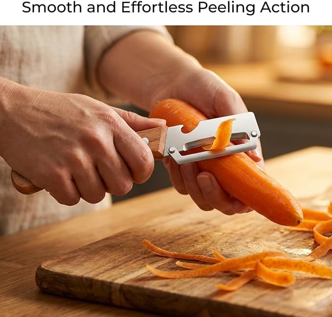 2-Pack Vegetable Peeler with Wooden Handle and Bottle Opener, Multi-Function Kitchen Vegetable Peeler for Potato, Carrot, Fruit, Pumpkin and Veggie Peeling