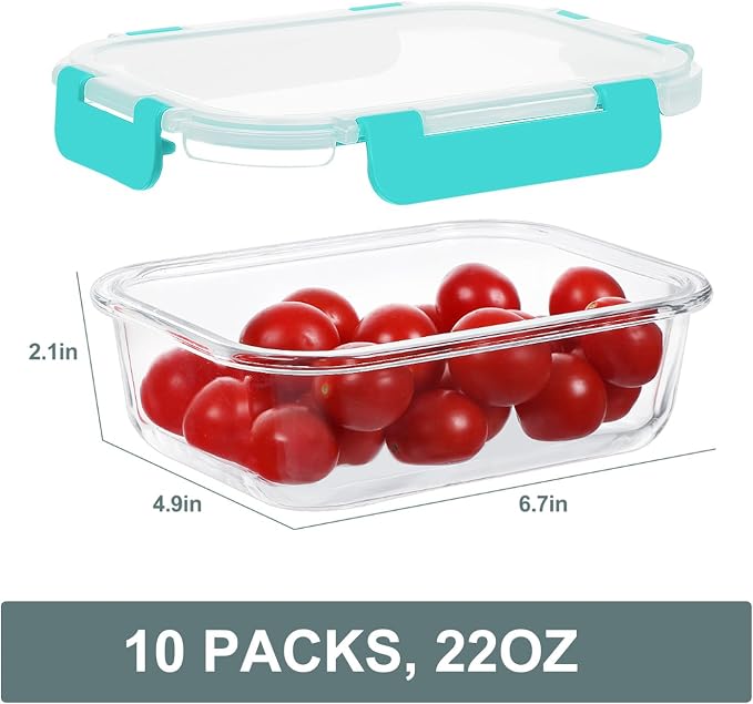 10 Packs 22 oz Glass Meal Prep Containers, Green | Glass Food Storage Containers with Snap Locking Lids, Airtight Lunch Boxes, BPA-Free, Microwave, Oven and Freezer Safe