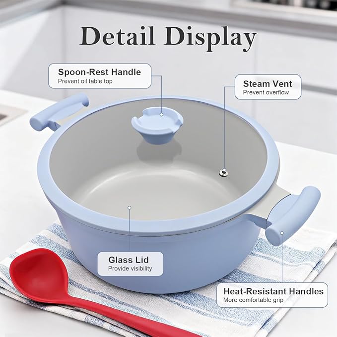AIKENBBKK 7 Quart Stock Pot with Lid, Non Stick Cooking Pot, Ceramic Soup Pot Nonstick, Induction Cookware for Pasta,Soup,Spaghetti, Stay-Cool Handle, Suitable for All Stoves, PFAS-Free, Blue