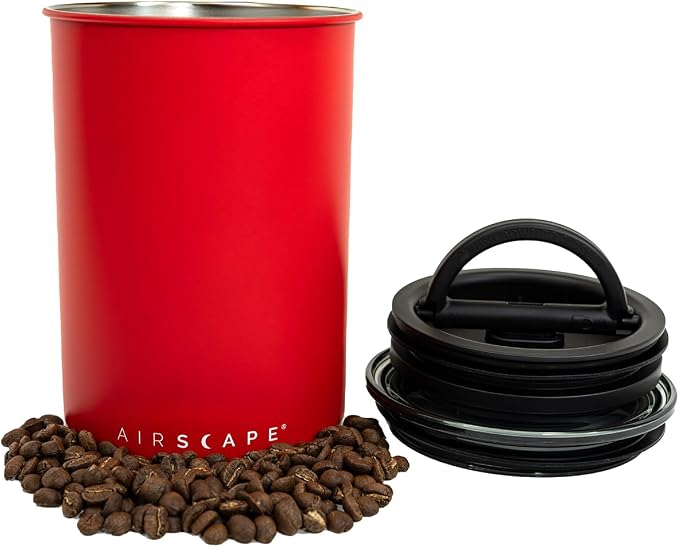 Planetary Design Airscape Stainless Steel Coffee Canister | Food Storage Container | US Patented Airtight Lid | Push Out Excess Air Preserve Food Freshness (Medium, Matte Red) | Food Storage Container | US Patented Airtight Lid | Push Out Excess Air Pr...