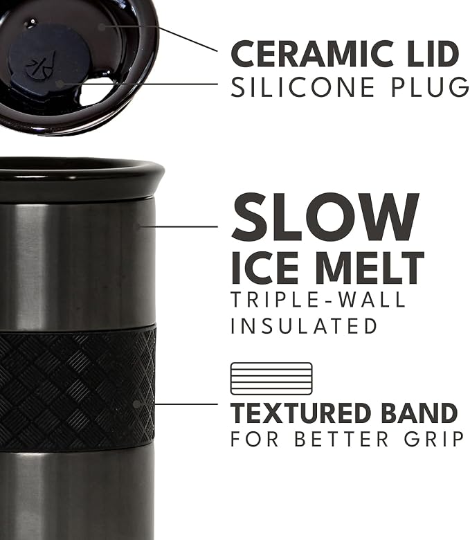 Elemental Artisan 16oz Triple-Wall Insulated Coffee Tumbler w/Ceramic Lid | Triple Wall Coffee Travel Mug, Reusable Stainless Steel Coffee Tumbler; Thermal Coffee Cups for Hot (6 Hrs) & Cold (18 Hrs)