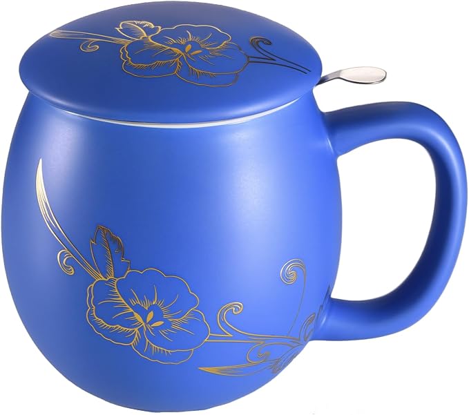 Yundu 12 OZ Ceramic Mug with Lid & Tea Strainer - Matte Blue Tea Cup with Golden Flower, Stainless Steel Infuser for Loose Leaf Tea