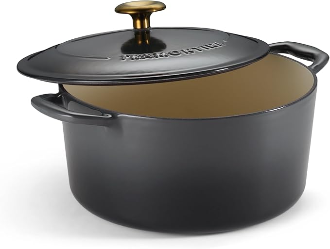 Tramontina Bestow Enameled Cast Iron 5.5-Qt Round Dutch Oven Pot with Lid | Great for Braising, Roasting and Bread Baking - Smoke with Gold Knob