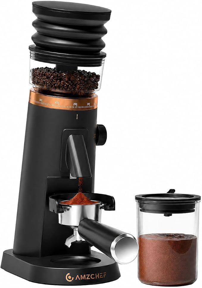 AMZCHEF Single Dose Burr Grinder, 75 Settings, Quiet DC Motor, Anti-Static | 40mm Burr, <0.2g Retention, 5-60s Timer, Magnetic Outlet, Vacuum Storage Cup, LED Light, Espresso, Pour-Over & French Press