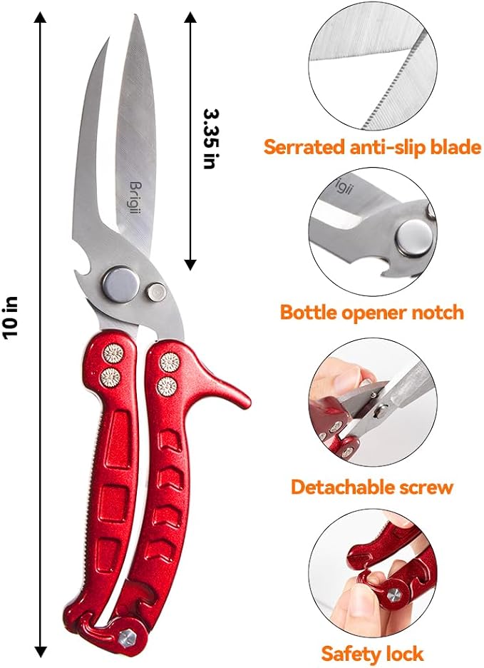 Brigii Kitchen Shears, Heavy Duty Poultry Shears, Detachable Scissors | Detachable blades, 304 stainless steel, built-in spring, safety lock, cuts bone, chicken, turkey, fish, seafood, Red