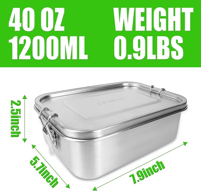 UPTRUST Stainless Steel Bento Box for Kids, 3-Compartment (40oz/1200ML) | Metal container with leak-proof lockable clips, for kids and adults lunch, meal prep, or travel