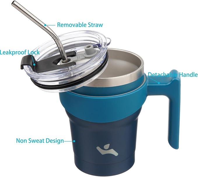 Konokyo 10 oz Tumbler with Handle and Straw, Insulated Travel Mug | Indigo Black; BPA-free, leak-proof tumbler with 2 lids, 2 straws, cup holder fit for coffee, office, travel & daily use