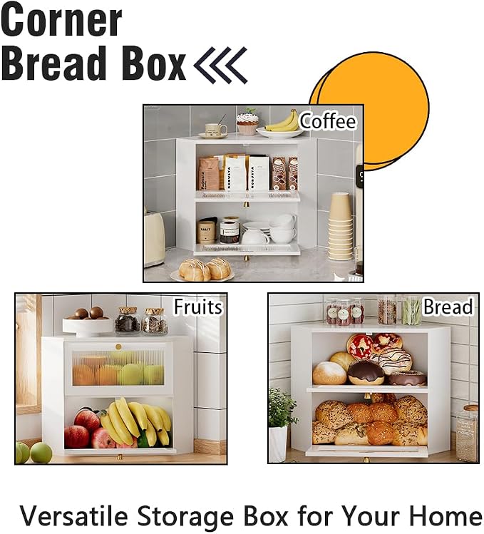 Trironsun Corner Bamboo Bread Box for Kitchen Counter Double Layer Bread Storage Container Large Capacity Bread Storage Bin with Wavy Arcylic Transparent Door (White)