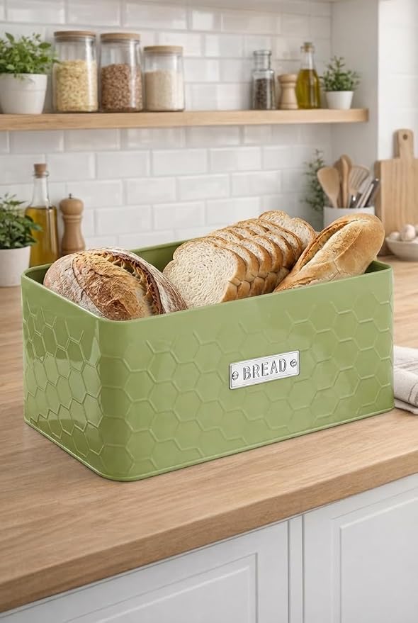 Bread Box for Countertop, Small Green Metal Bin with Bamboo Lid | Small farmhouse bread storage container and bread bin with cutting board lid for homemade bread and baked goods organization.