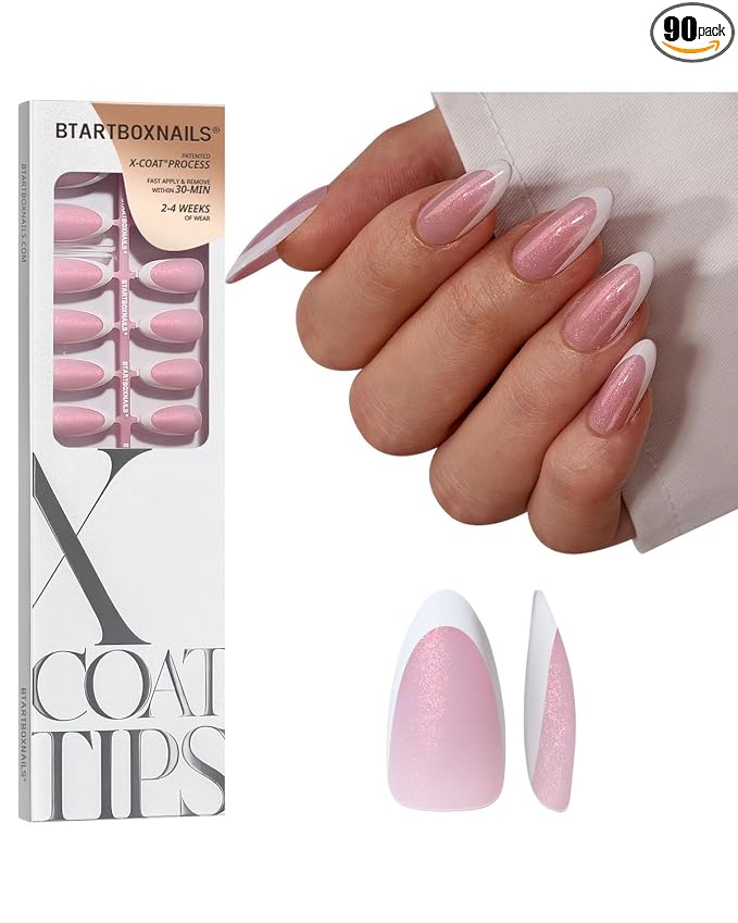 BTArtboxnails XCOATTIPS White French Tip Press On, M Almond, Pink Glitter | Lamp-Curable 4-Week Wear, Salon Quality Value at Home, Natural Nail Look, Easy-to-Apply for Beginners, 96ct Nail Tips Only
