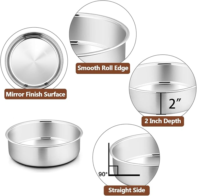 P&P CHEF 6 Inch Round Cake Pan Set of 3, Stainless Steel Baking Cake Pans | Round Baking Cake Pan Bakeware for Layer Birthday Cake, Fit Oven/Pots/Pressure Cooker, Leakproof & Dishwasher Safe, Silver
