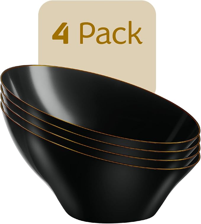 PLASTICPRO Angled Plastic Bowls Disposable Medium Plastic Black Serving Bowls with Gold Rim for Party for Appetizer Salads Pack of 4